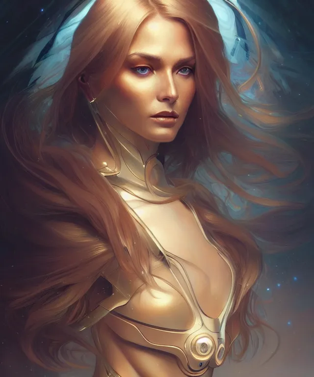 Image similar to futuristic woman portrait, sci-fi, amber eyes, face, long hair, fantasy, intricate, elegant, highly detailed, digital painting, artstation, concept art, smooth, sharp focus, illustration, art by artgerm and greg rutkowski and alphonse mucha