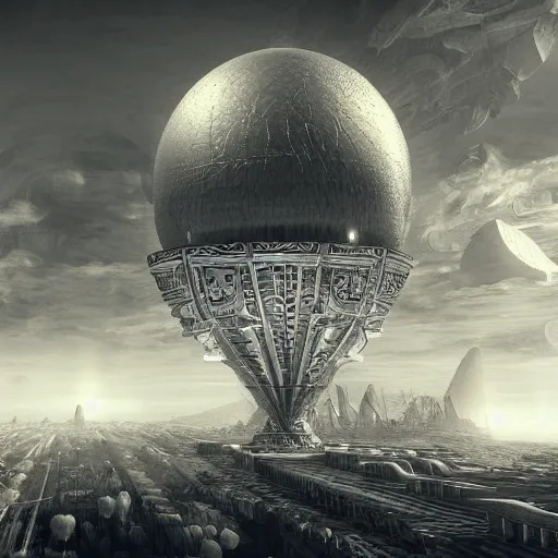 Image similar to enormous flying city in a faberge egg, sky, steampunk, fantasy art, masterpiece, hugh ferriss, unreal engine, peder balke