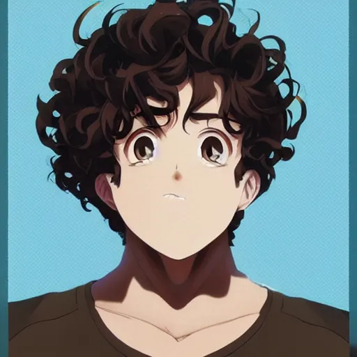 Prompt: An anime portrait of a mid-sized anime man with extremely short curly brown hair, a large mouth with a closed-lip smile, chubby face, brown eyes, without glasses, wearing a t-shirt, his whole head fits in the frame, solid background, by Stanley Artgerm Lau, WLOP, Rossdraws, James Jean, Andrei Riabovitchev, Marc Simonetti, and Sakimi chan, trending on artstation