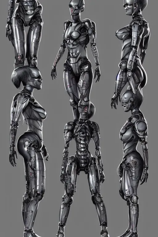 Image similar to cyclops!! cyborg female with gunmetal grey skin, medical anatomy, cyberpunk face, highly detailed, japanese, mecha asthetic, mechanical implants, three - perspective / three - view reference sheet ( front / back / side ), in the style of dan ouellette, dren from splice, hr giger, sil from species, artstation, unreal engine