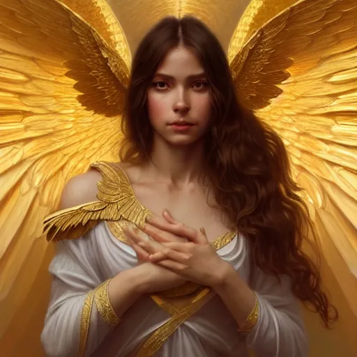 Image similar to wide angle full body portrait of an angel with a perfect face and perfect body crying, golden wings, intricate, highly detailed, digital painting, artstation, concept art, smooth, sharp focus, illustration, Unreal Engine 5, 8K, art by artgerm and greg rutkowski and alphonse mucha