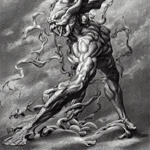 Image similar to full body grayscale drawing by Gustave Dore of muscled horned humanoid beast, swirling flames