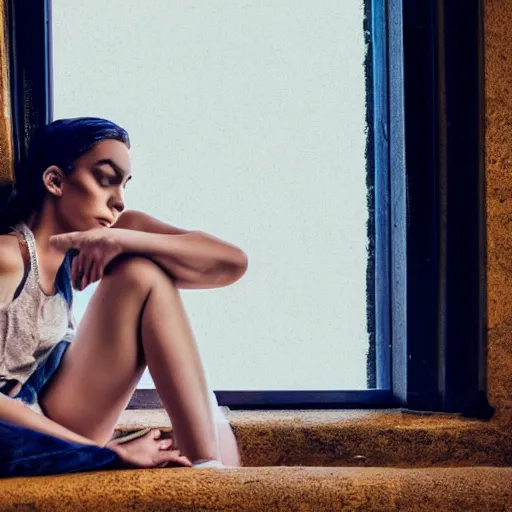 Prompt: photography of a beautiful sleepy punk girl sitting at a window, wearing crop top and torn short pants, pretty face, Glamor Shot, Magnification, 8K, Lonely, Accent Lighting, De-Noise, symmetrical face, hyper-realistic