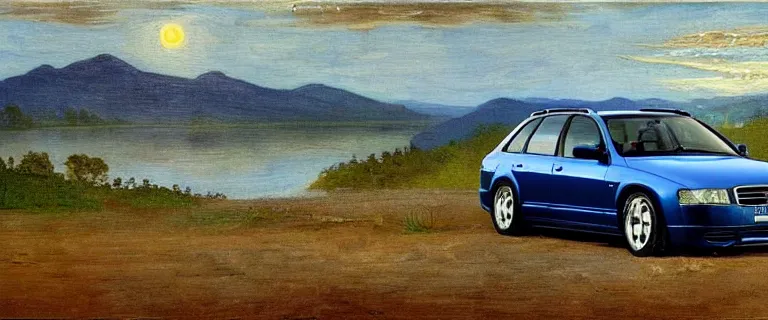 Image similar to Denim Blue Audi A4 B6 Avant (2002), Hell and Heaven landscape painting in the style of 19th century Hudson River School art