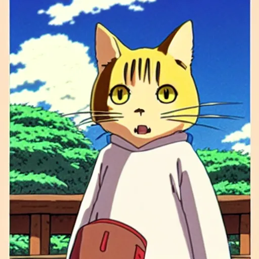 Image similar to anime key visual of hayao miyazaki studio ghibli, short - hair tabby cat