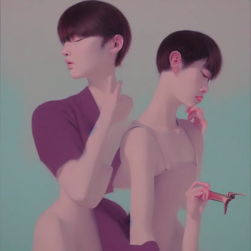 Image similar to fine art figurative painting with modern western music pop culture influences by yoshitomo nara in an aesthetically pleasing natural and pastel color tones