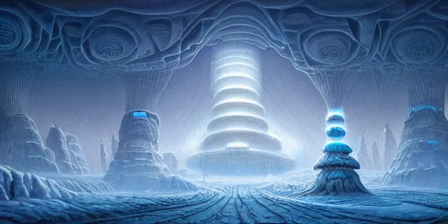 Image similar to painting artic snow covered alien nature labyrinth consuming futuristic mega city from blade in the style of nebulapunk by tomasz alen kopera and daniel lieske with futuristic castle by simon stahlenhag