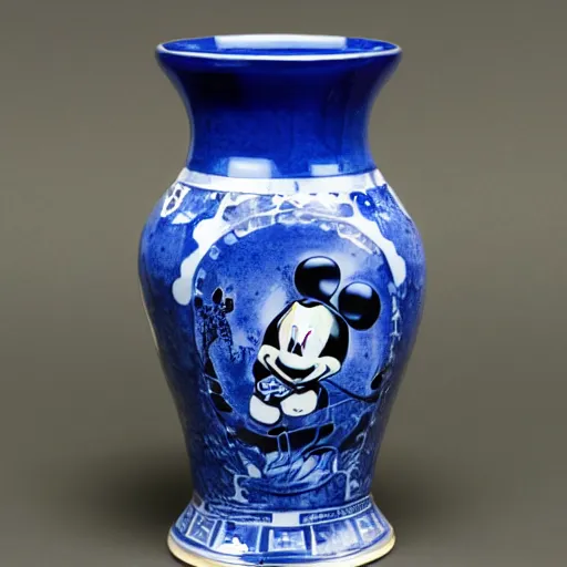 Prompt: a delft blue vase with a happy mickey mouse depicted on it ; extremely detailed