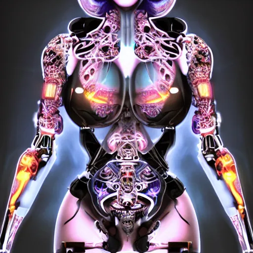 Prompt: an extremely beautiful biomechanical female robot with large emoji tattoos, twins, neon jacuzzi, oppai cyberpunk, chimeric organism, holodeck, pale skin, organic polycarbon, full frontal portrait, highly detailed, transhumanist hydration, symmetrical, mystical, goddess, mechanical, mendelbrot fractal, ray tracing, hyperdetailed, hyperrealistic, zdislaw beksinski, trending on artstation, octane render, hdr, uhd 4k