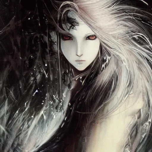 Prompt: yoshitaka amano blurred and dreamy realistic illustration of an anime girl with wavy white hair and cracks on her face wearing elden ring armor with the cape fluttering in the wind, abstract black and white patterns on the background, noisy film grain effect, highly detailed, renaissance oil painting, weird portrait angle