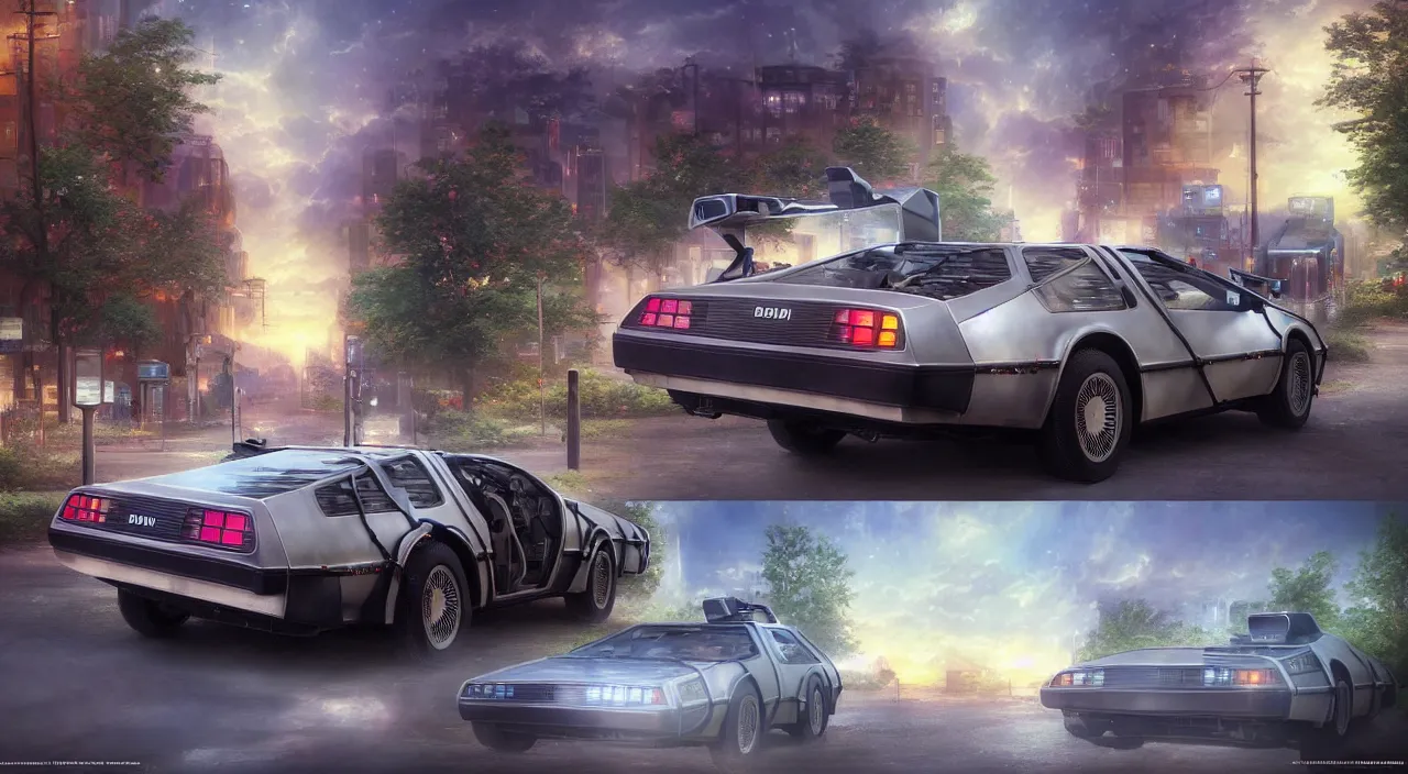 Prompt: DeLorean from Back to the Future, by Makoto Shinkai and Thomas Kinkade, science fiction matte painting, trending on cgsociety and unreal engine，light effect，highly detailed，super wide angle，