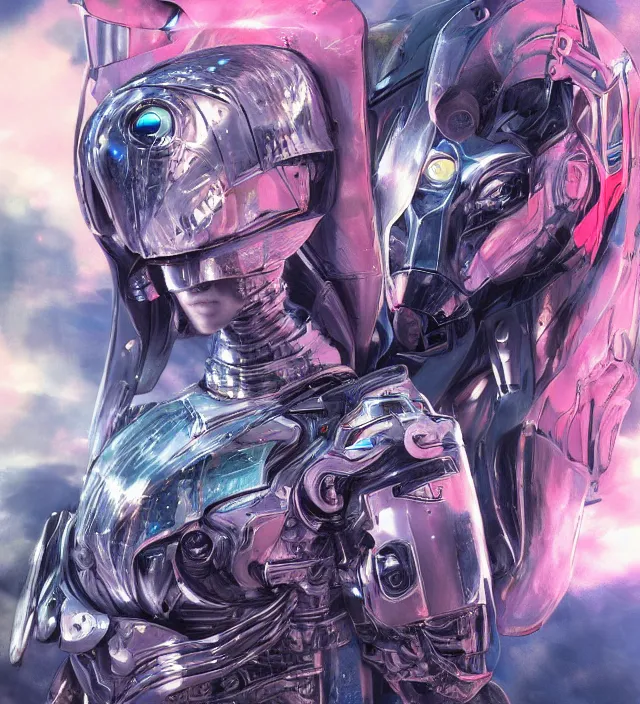 Prompt: hd 3 d rendered graphic novel video game portrait of a cute young robot knight girl complicated synaptic particles angelic deity demon future downtown in ishikawa ken miura kentaro gantz frank miller jim lee alex ross vaporwave technoir style detailed trending award winning on flickr artstation