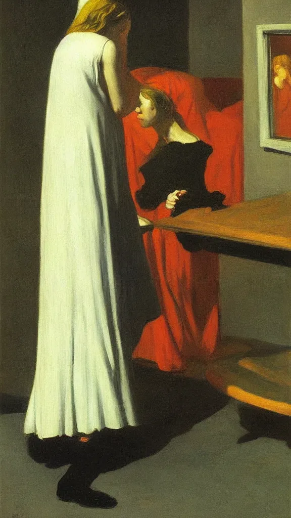 Prompt: witch paying for her sins, victorian painting, by edward hopper