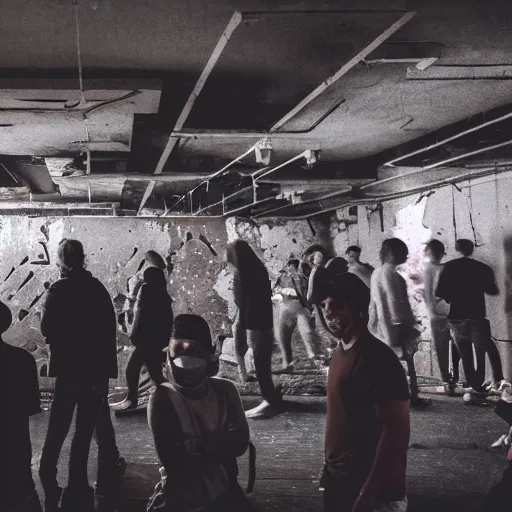 Prompt: photograph of a lot of people inside of a rundown hidden club, brutalism, retrofuturism, cyberpunk, sigma 85mm f/1.4, 35mm, 4k, depth of field, high resolution, 4k, 8k, hd, highly detailed, full color