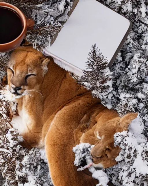 Image similar to hard cover book showing 'a cougar sleeping in the middle of snowy pine tree' laying on coffee table, zoomed out, HD, iphone screenshot