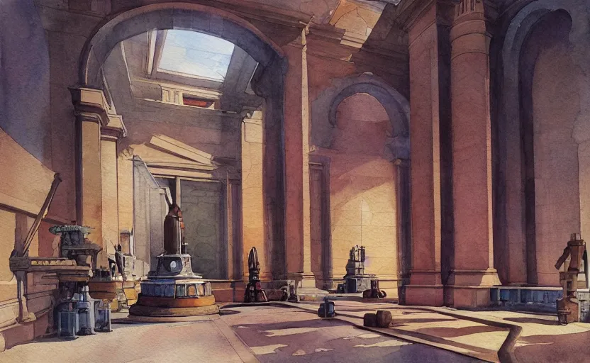 Prompt: museum building, colorful watercolor. by rembrant, battle angel alita, ralph mcquarrie, aluminum, 1 6 6 7