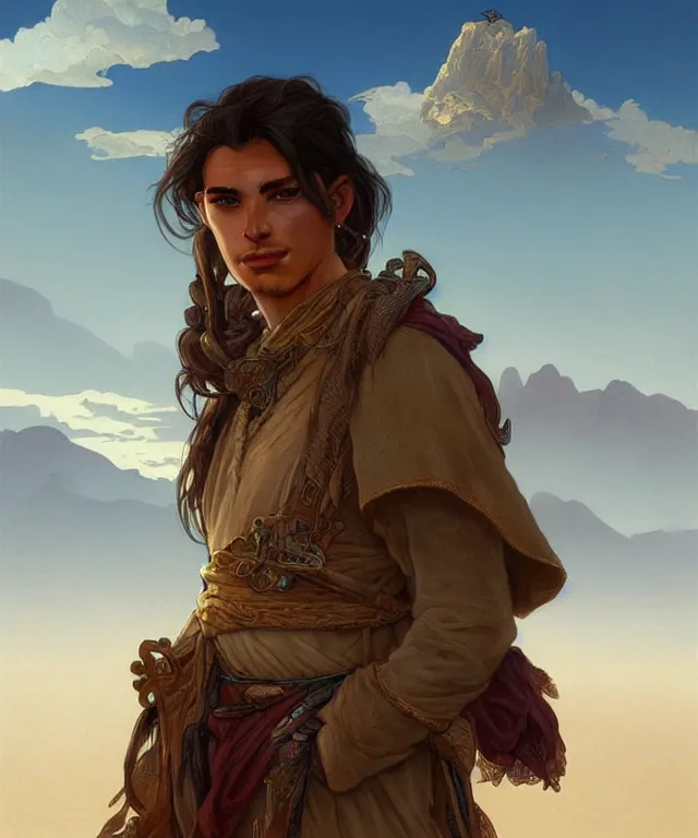 Prompt: An adventurer in the desert with the power of foresight, handsome young face, medium straight hair, fantasy, intricate, elegant, highly detailed, digital painting, artstation, concept art, smooth, sharp focus, illustration, art by artgerm and greg rutkowski and alphonse mucha