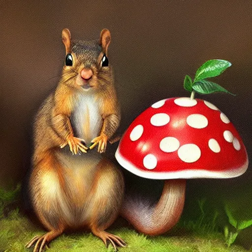 Prompt: a squirrel hiding from the rain under a mushroom, very detailed, artstationhq, trending on artstation, oil painting by alexander roslin, emotional, cute, 4k