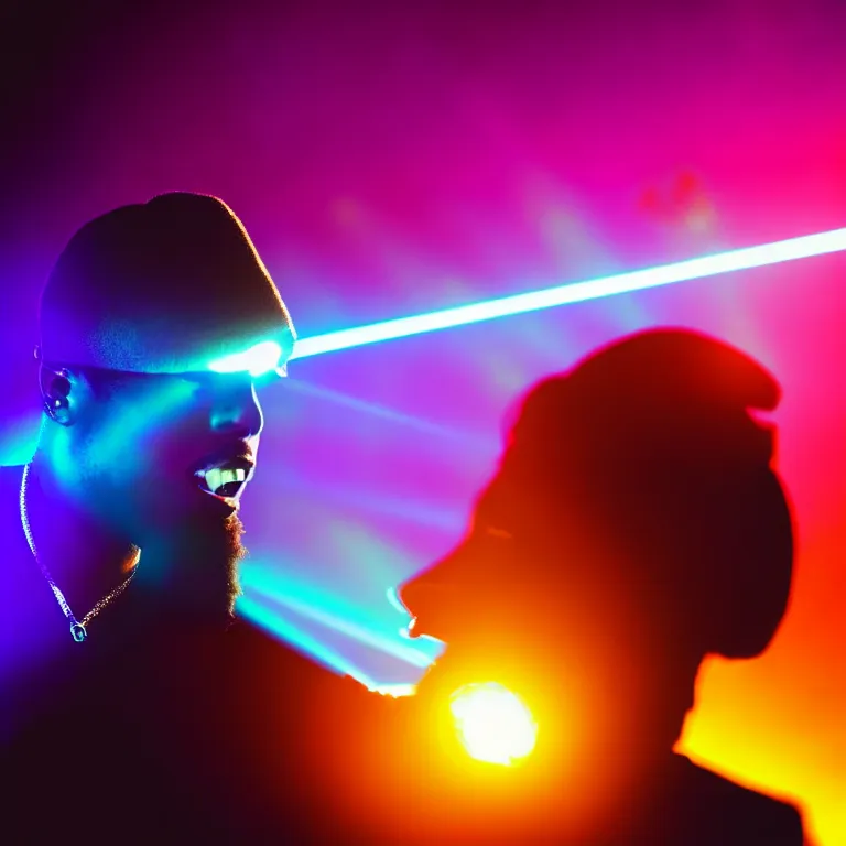 Image similar to rapper using microphone, epic angle, profile view, silhouetted, distinct, psychedelic hip-hop, laser light show, beams of light