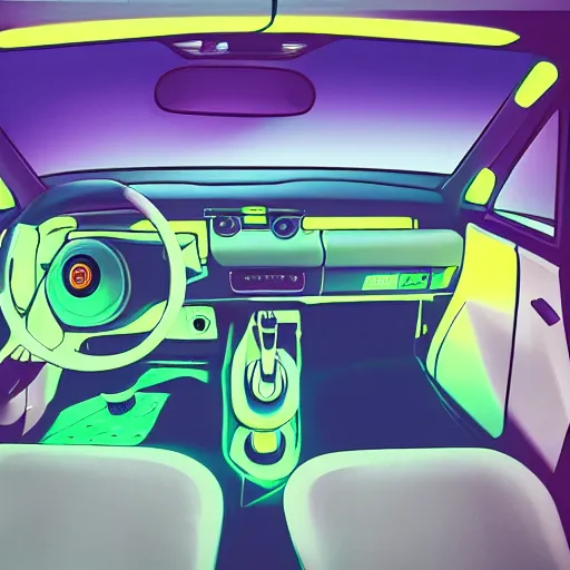 Image similar to 9 0 s fiat panda interior at night, with neon lights in the background, artstation, 3 5 mm, vaporwave