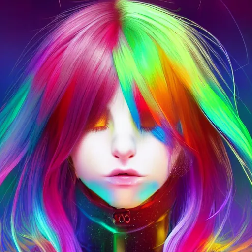 Image similar to catgirl with rainbow hair, digital art, by Yoshitaka Amano, trending on artstation, 4k, highly detailed, psychedelic