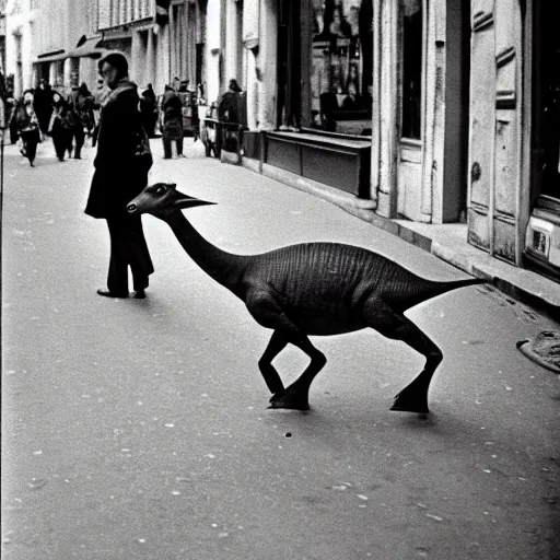 Image similar to french parasaurolophus walking in the streets of paris, 3 5 mm, 1 9 5 4, low angl