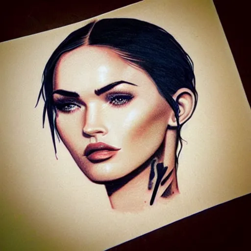 Image similar to realism tattoo sketch of double exposure of the face of megan fox, on beautiful mountain scenery, in the style of andrey lukovnikov