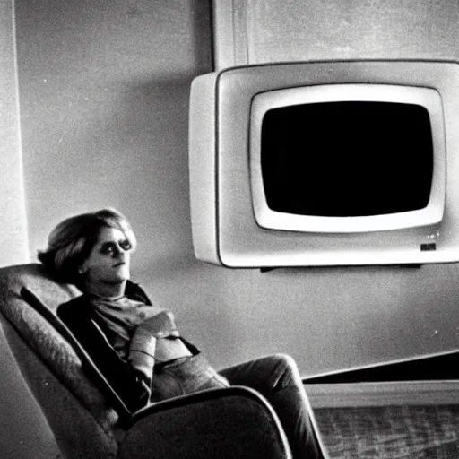 Prompt: a television from the 1970s in a living room next to a chair and a christmas tree, an alien is sitting on the chair, 1981 Life Magazine photo, depth of field