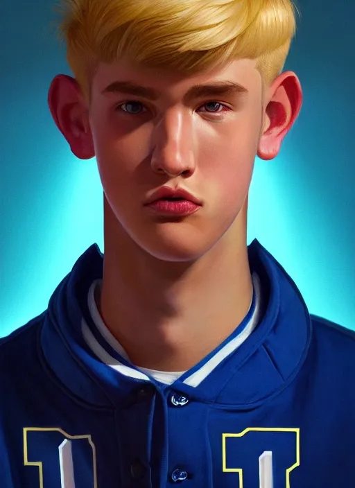 Image similar to portrait of high school senior boy named big moose, blonde short hair, jock, beefy, wide face, square jaw, square facial structure, blue varsity jacket with letter r, intricate, elegant, glowing lights, highly detailed, digital painting, artstation, concept art, sharp focus, illustration, art by wlop, mars ravelo and greg rutkowski