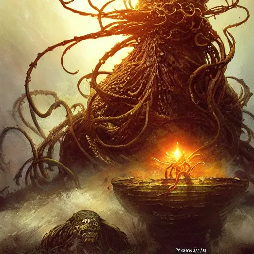 Image similar to cinematic portrait of the flying spaghetti monster by greg rutkowski and frank frazetta and peter mohrbacher and marc silvestri