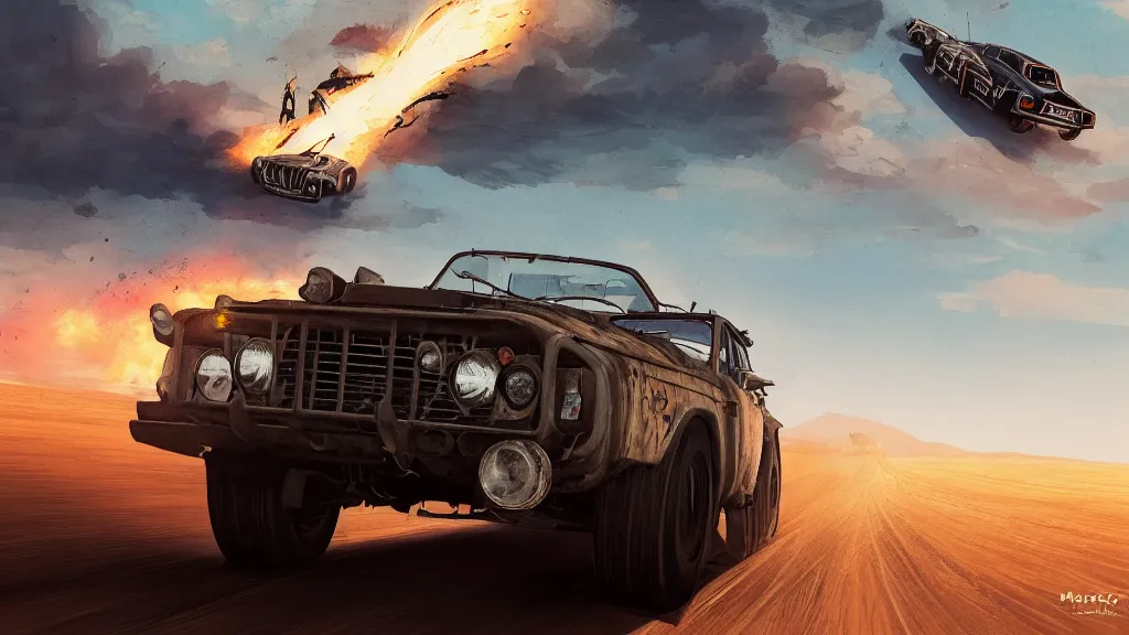 Prompt: illustration of mad max's fj 4 0 pursuit special, the last v 8 interceptor driving down to the gates of valhalla highway, riding fury road eternal shiny and chrome, world of fire and blood, by makoto shinkai, ilya kuvshinov, lois van baarle, rossdraws, basquiat, studio ghibli, global illumination ray tracing hdr
