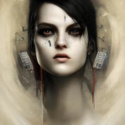 Image similar to By Tom Bagshaw, ultra realist soft painting of an attractive cyberpunk female with sillicon cyborg skin, with thin lustrous long hair floating, photorealistic eyes render, looking at camera, curiosities carnival, symmetry accurate features, very intricate details, focus, dark fantasy background, black and white, curvy