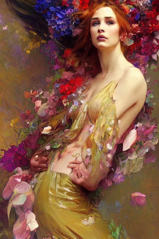 Prompt: a beautifull intricate painting of a disembodied soul surrounded by flowing flower petals, vivid colors, artstation, by jeremy mann, by alphonse mucha, by boris vallejo