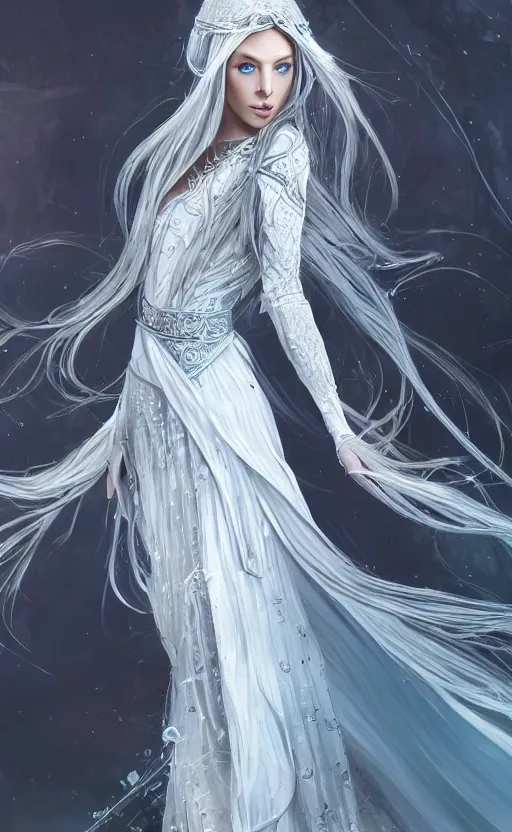 Image similar to an elven woman with long, silver hair cascading down her back. she has delicate, angular features and piercing blue eyes. she's clad in a flowing white dress with intricate silver embroidery, dynamic lighting, photorealistic fantasy concept art, trending on art station, stunning visuals, creative cinematic, ultra detailed