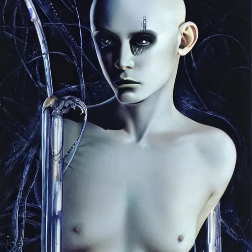 Image similar to portrait of eerily beautiful hairless avant-garde androgynous cyborg with shaved head and H.R. Giger clear tubes entering the side of her head and cheek, by Yoshitaka Amano