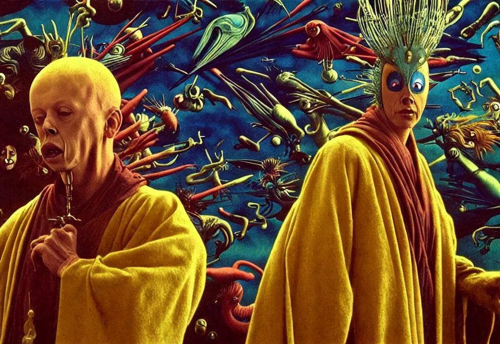 Image similar to realistic detailed portrait movie still of a birdman wearing dark robe, sci fi landscape background by denis villeneuve, amano, yves tanguy, alejandro jodorowsky, alphonse mucha, max ernst, ernst haeckel, roger dean, masterpiece, rich moody colours, snarling dog teeth