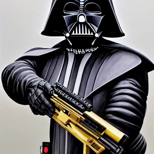 Prompt: hyperrealistic portrait of gothic cyberpunk darth vader holding a golden ak 4 7, 4 k, highly detailed, beautifully rendered