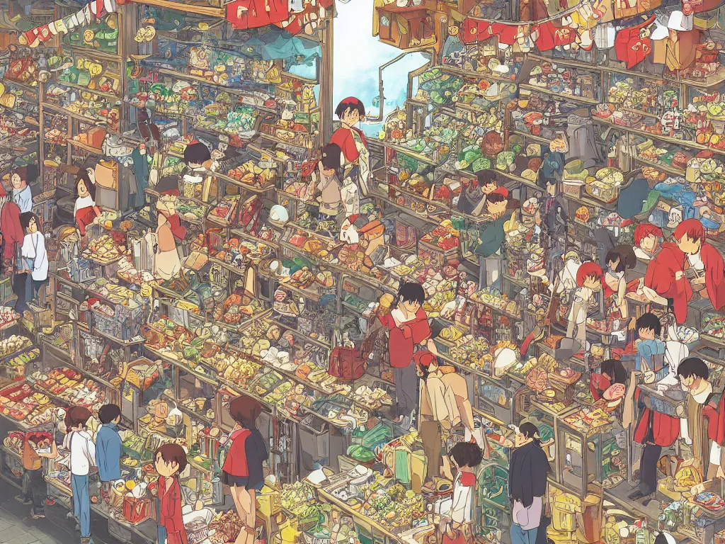 Prompt: ghibli version of where is waldo in open door market, detailed, high quality, high resolution, color illustration by hayao miyazaki