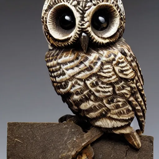 Prompt: ornate small owl idol made of bone with intricate carvings and photorealistic owl eyes. museum catalog photograph on dark background with exhibit label