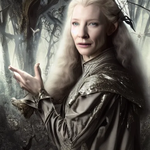 Prompt: portrait of mischievous, dangerous young Galadriel (Cate Blanchett) as a queen of elves, dressed in a refined silvery garment. The background is a dark, chilling eastern europen forrest. night, horroristic shadows, higher contrasts, (((lumnious))), theatrical, character concept art by ruan jia, (((thomas kinkade))), and J.Dickenson, trending on Pinterest, ArtStation