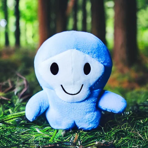 Image similar to blue'snappy gifts'plush toy with smily face in magical forest, gifts, dark atmosphere, high detail, soft lighting, 8 k