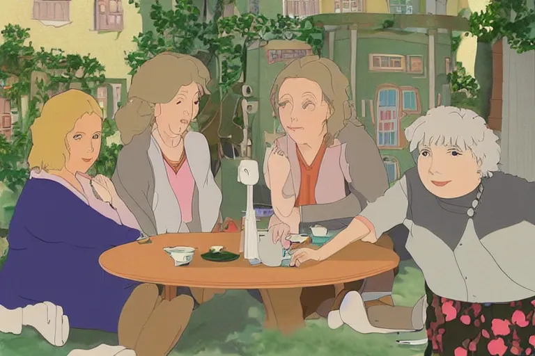 Image similar to Jennifer Saunders on the set of Friends by Studio Ghibli, digital art, illustration, cute