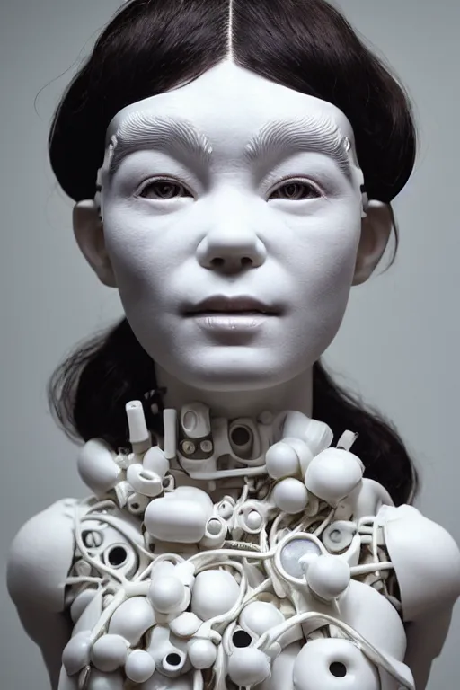 Image similar to full head and shoulders, bjork porcelain sculpture, smooth, delicate facial features, white eyes, white lashes, detailed white, lots of 3 d cyborg elements, prosthetic, anatomical, all white features on a white background, by daniel arsham and james jean