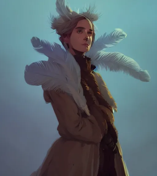 Prompt: portrait of mage with coat made of feathers, dnd character, by atey ghailan, by greg rutkowski, by greg tocchini, by james gilleard, by joe fenton, by kaethe butcher, dynamic lighting, gradient light blue, brown, blonde cream and white color scheme, grunge aesthetic