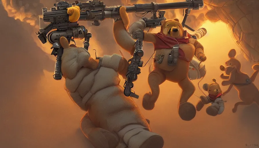 Image similar to Winnie the Pooh with a bazooka, hyperdetailed, artstation, cgsociety, 8k