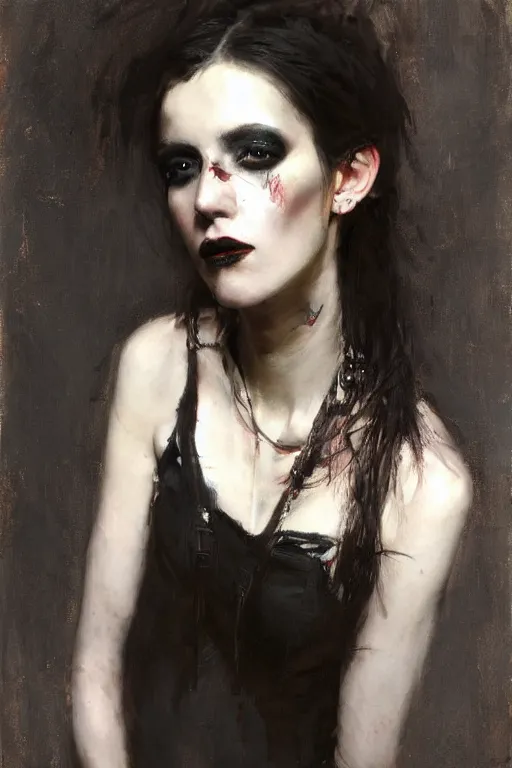 Prompt: Richard Schmid and Jeremy Lipking and Antonio Rotta full length portrait painting of a young beautiful goth punk rock priestess woman