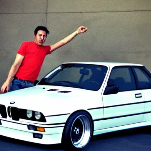 Prompt: Angry Jayson Stethem hold bmw e30