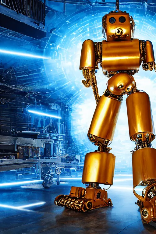 Image similar to portrait photo of a giant huge golden and blue metal humanoid steampunk robot cleaner robot, with gears tubes vaccuumcleaner, on the wet floor are mop and bucket, eyes are glowing red lightbulbs, shiny crisp finish, 3 d render, 8 k, insaneley detailed, fluorescent colors, background is multicolored lasershow