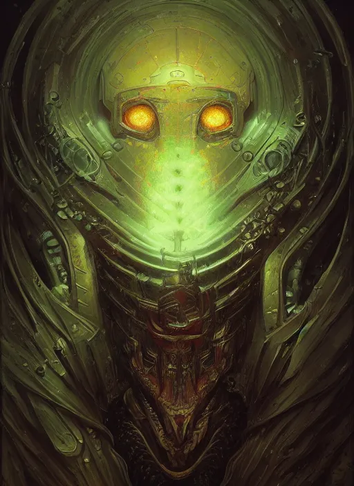 Prompt: dark lovecraft horror machine glowing reptile eyes, daft punk led armor, elegant, highly detailed, centered, digital painting, artstation, concept art, smooth, sharp focus, illustration, artgerm, tomasz alen kopera, peter mohrbacher, donato giancola, joseph christian leyendecker, wlop, frank frazetta