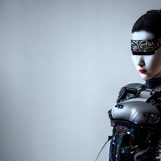 Prompt: a hyper realistic futuristic, minimal, stunningly cyborg tradition geisha photograph, covering face with a intricate sci - fi equipment, high fashion, in a dark futuristic room, metal gear solid, dark moody backlighting, silhouette, octane render,